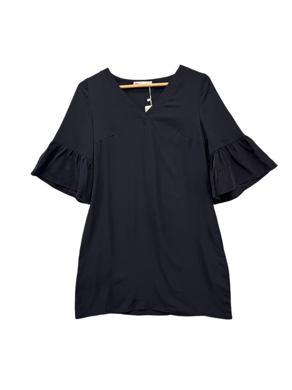 Buenos Ninos Mini Shirt Dress Solid Black Short Bell Sleeve V Neck Pullover Sz S
